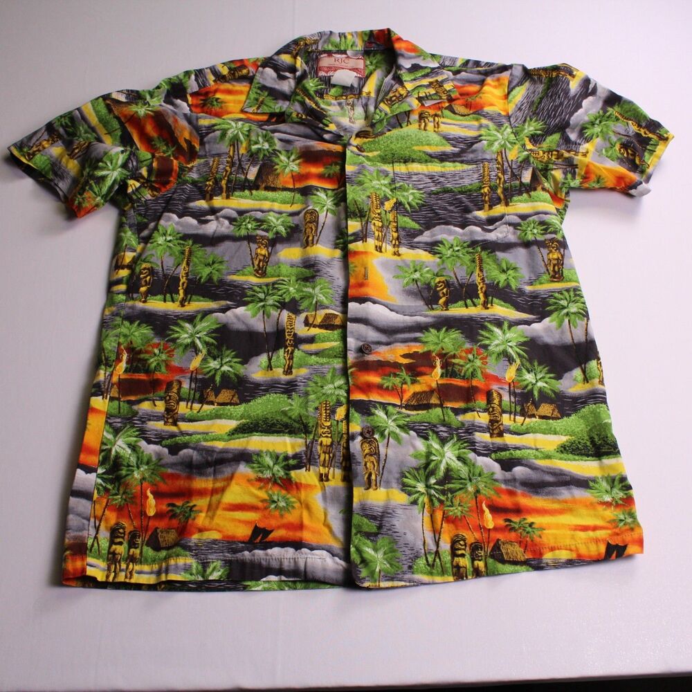 Vintage RJC Hawaii Men's Medium Hawaiian Aloha Shirt Tiki Island Sunset Cotton